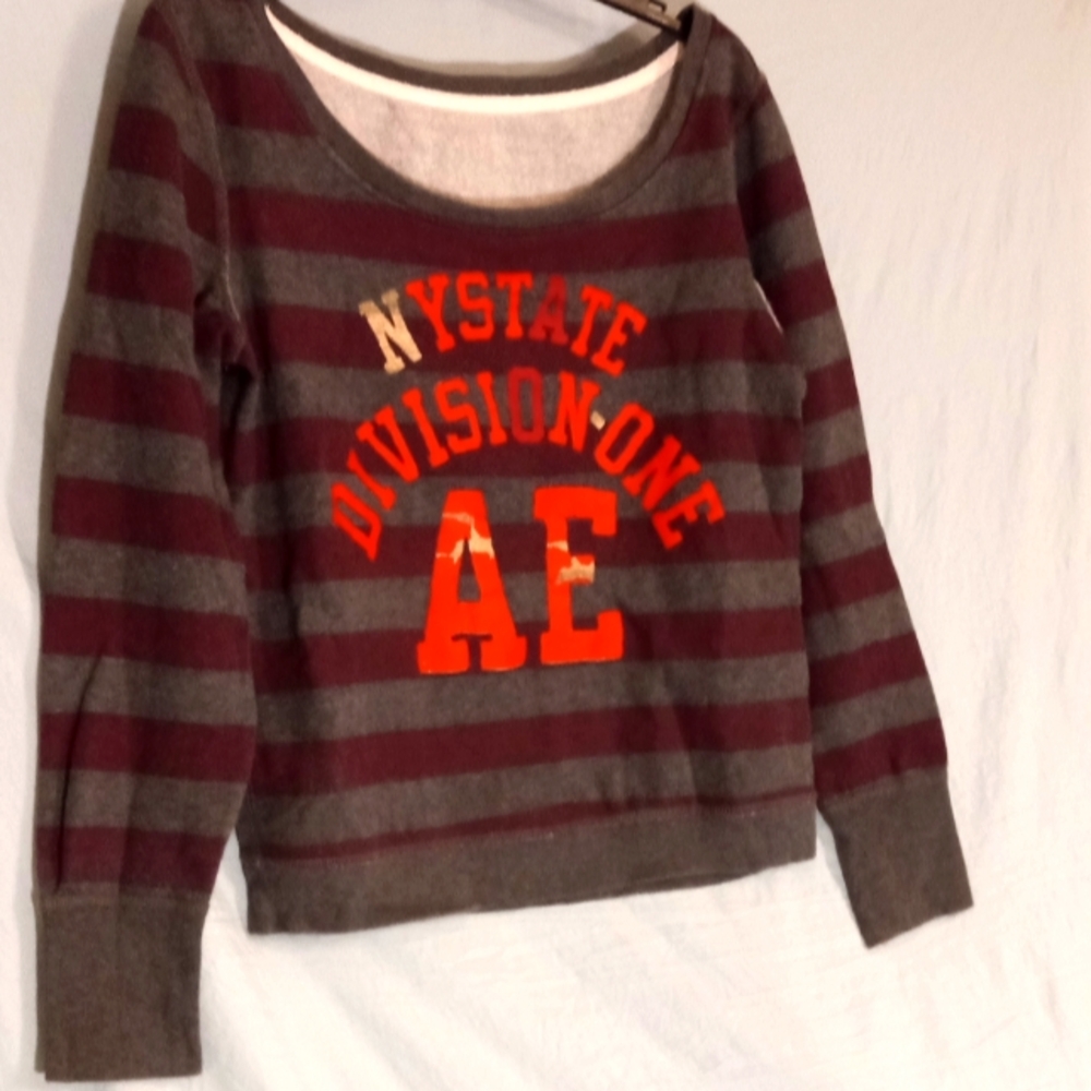American Eagle Outfitters Striped Gray and Purple Sweatshirt Bright Print